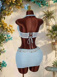 Amplova Rope, Starfish & Shell Pendant Decor Cropped Top & Mini Skirt 2 Pieces Set - Blue - View 8