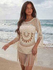 Selianne Apricot Hollow-Out Beach Vacation Crochet Tasseled Square Neck Dolman Sleeve Knit Sweater, Spring/Summer - Apricot - View 8