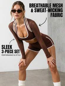 Innovista 女士撞色露背长袖上衣和短裤休闲运动套装 棕色健身套装 女士运动服 女士运动套装 女士健身套装 女士健身服套装 - 卡其色 - 查看 1