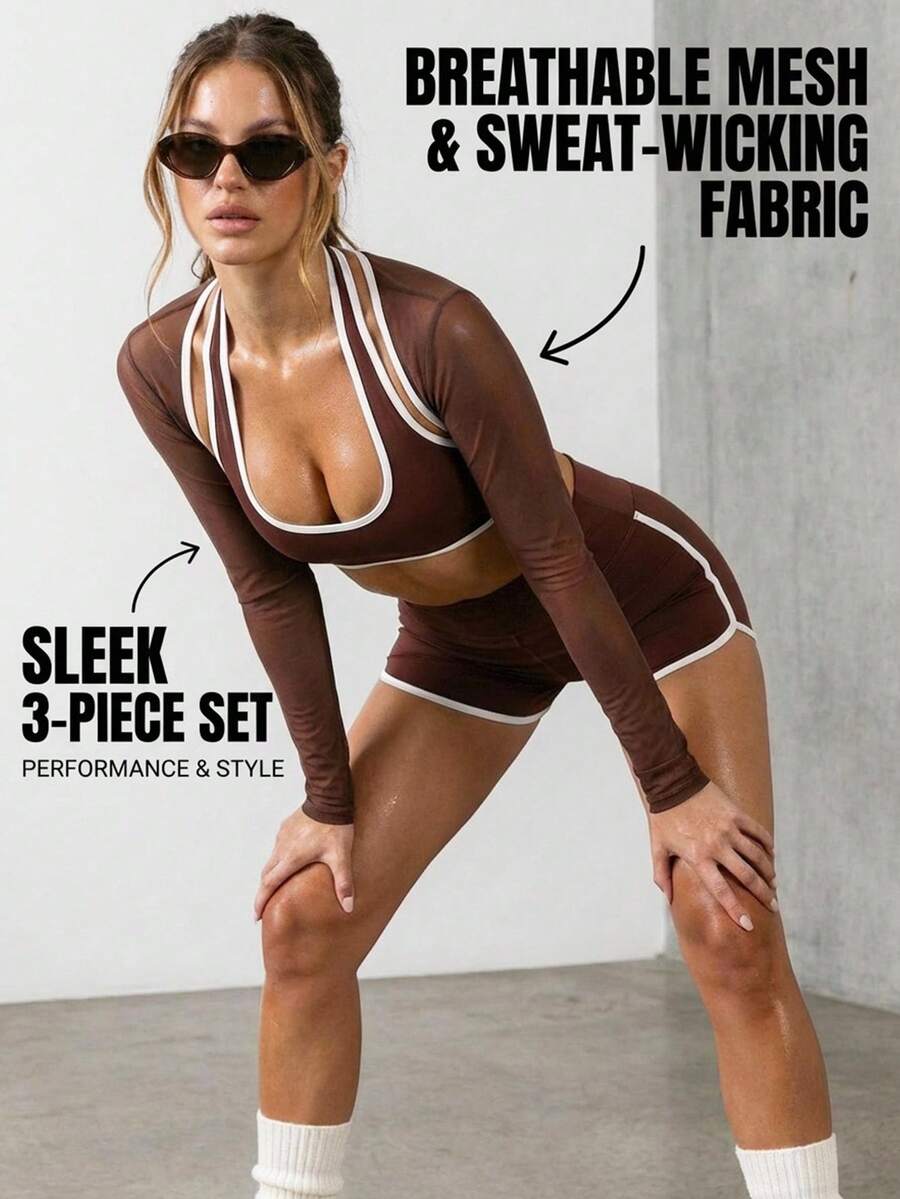 Innovista 女士撞色露背长袖上衣和短裤休闲运动套装 棕色健身套装 女士运动服 女士运动套装 女士健身套装 女士健身服套装 - 卡其色 - 查看 1