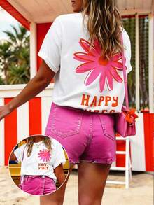 DrmWander Plus Size Simple Print Round Neck Short Sleeve T-Shirt - White - View 1