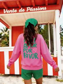 DrmWander Camiseta de manga larga casual de cuello redondo con estampado de letras y corazones para mujer de talla grande - Rosa Fucsia - Ver 3