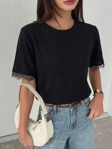 DAZY Women's Summer Round Neck Short Sleeve Lace Patchwork Casual Pullover T-Shirt - Black - View 2