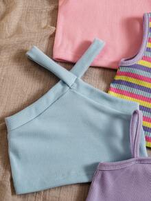 SHEIN Playful Pals 4pcs/Set Baby Girls' Colorful Dopamine Print Solid Color Camisole Tops, Summer - Multicolor - View 7