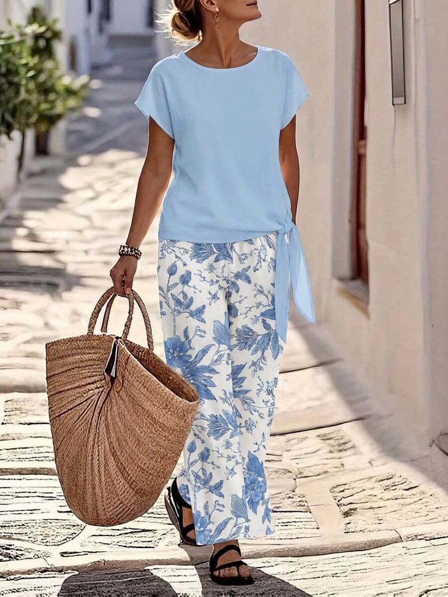 EMERY ROSE Women's Tie Bow Blouse And Straight Leg Pants 2 Pieces Set - Multicolor - View 1