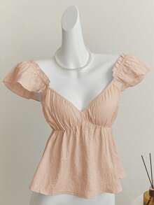 Elamini Áo hai dây croptop cổ thấp hở lưng gợi cảm viền bèo nhún màu xanh dương của cô nàng Mori Girl - Màu Hồng  San hô - Xem 4