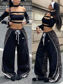 Coolane Black Woven Leopard Print Patchwork Drawstring Loose Women Pants - Black - View 3