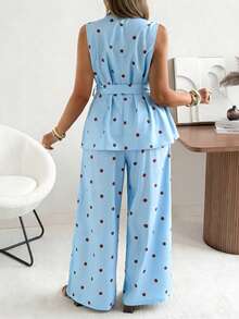 Ceyna 大码女式经典复古波点背心和阔腿裤套装 夏季度假装 - 淺藍色 - 查看 2