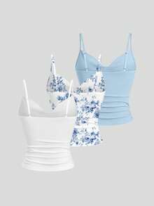 Sweetra 3件套女士豹纹修身V领吊带背心百搭打底衫Y2K风格服装印花猎豹纹T恤女式上衣 - 彩色 - 查看 2