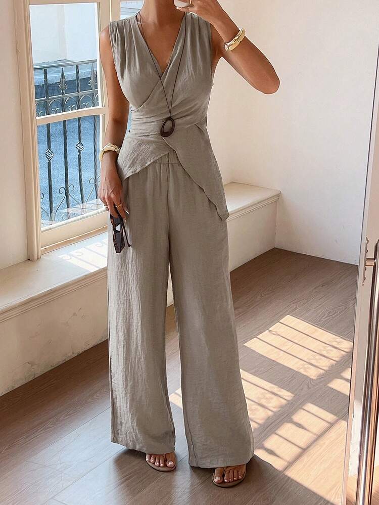 2pcs Women's High-End Linen Blended Top And Pants Set, Summer