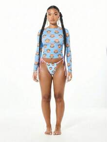 SUMWON X PAUL FRANK SUMWON WOMEN 女士长袖猴子印花网纱上衣，侧边系带设计，全身印花卡通图案，蓝色时尚休闲上衣 - 藍色 - 查看 5