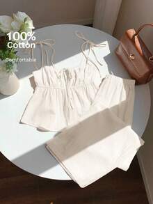 SHEIN EZwear Bộ đồ hai mảnh màu be trơn dành cho nữ, kiểu dáng dây mảnh xếp ly, thích hợp cho mùa hè. - Màu be - Xem 7
