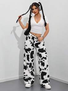 SHEIN ICON 女士奶牛纹口袋阔腿宽松休闲牛仔裤 - 彩色 - 查看 6