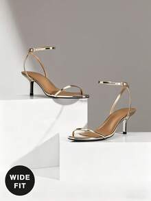 SHUZIA 女士宽楦优雅踝带金属细高跟凉鞋 - 金色 - 查看 5