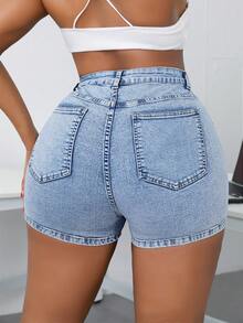 SHEIN SXY Plus Size Women High Waist Pocket Casual Skinny Denim Skorts - Light Wash - View 2