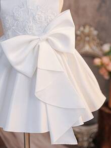 Glamorique Kids 女婴白色缎面连衣裙，饰有大蝴蝶结，无袖高档花童礼服，适合婚礼、生日、表演、宴会等场合，优雅公主裙 - 米色 - 查看 5