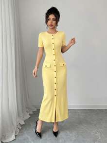 Elenzga Đầm cardigan tay ngắn ôm sát người, ngọt ngào, gợi cảm, thích hợp cho mùa xuân/hè, phong cách thành thị, sang trọng, thời trang Pháp, dự tiệc. Đầm maxi dệt kim cổ tròn cài nút phối màu đen trắng mới, thích hợp cho kỳ nghỉ. - Màu vàng ngỗng - Xem 3
