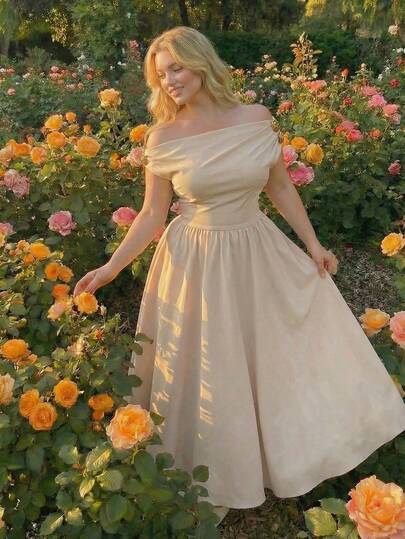 SHEIN MOD Đầm midi dáng rộng màu mơ thanh lịch dành cho nữ, kiểu dáng bất đối xứng, thích hợp cho tiệc trà ngoài trời, hẹn hò hoặc các buổi tiệc.