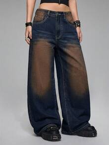 ROMWE Grunge Punk Y2K Baddie Chic Letter & Cross Embroidery Distressed Loose Wide Leg Low Waist Jeans For Women - Dark Wash - View 5