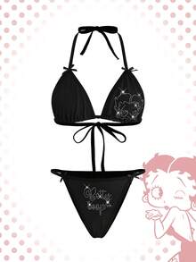 Betty Boop | ROMWE Conjunto de lencería con sujetador de triángulo con cordón y tanga con estampado de letras y dibujos animados con strass - Negro - Ver 1