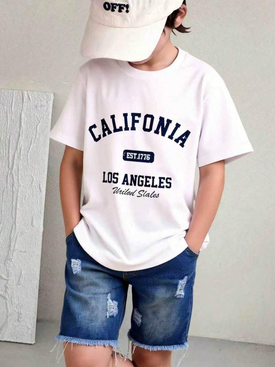 Mirajuku Tween Boys' Street Fashion Black Letter Print Loose Fit White Short Sleeve T-Shirt Paired With Vintage Light Blue Distressed Loose Fit Straight Leg Denim Shorts, Soft & Comfortable Fabric, Casual Daily Wear Set - White - View 1