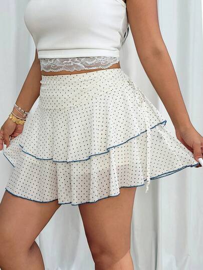 SHEIN EZwear Plus Size Women's Fashionable Polka Dot Print Double Ruffle Tie Waist Skirt