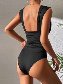 SHEIN Tall Body de cuello profundo fruncido - Negro - Ver 2