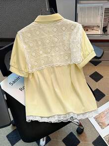 SHEIN Franclia 時尚女款黃色編織布料短袖襯衫，飾有精緻刺繡與獨特領口設計，打造休閒日常造型 - 黃色 - 查看 2