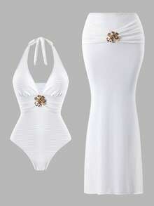 Swim Oasis Damen Frühling/Sommer 2026 Neuer weißer strukturierter Stoff Metall Blumen Dekor Träger Rückenfreier schlankmachender Einteiler Badeanzug & Mesh Rock Hochwertiges 2-teiliges Set - Weiss - Übersicht 7