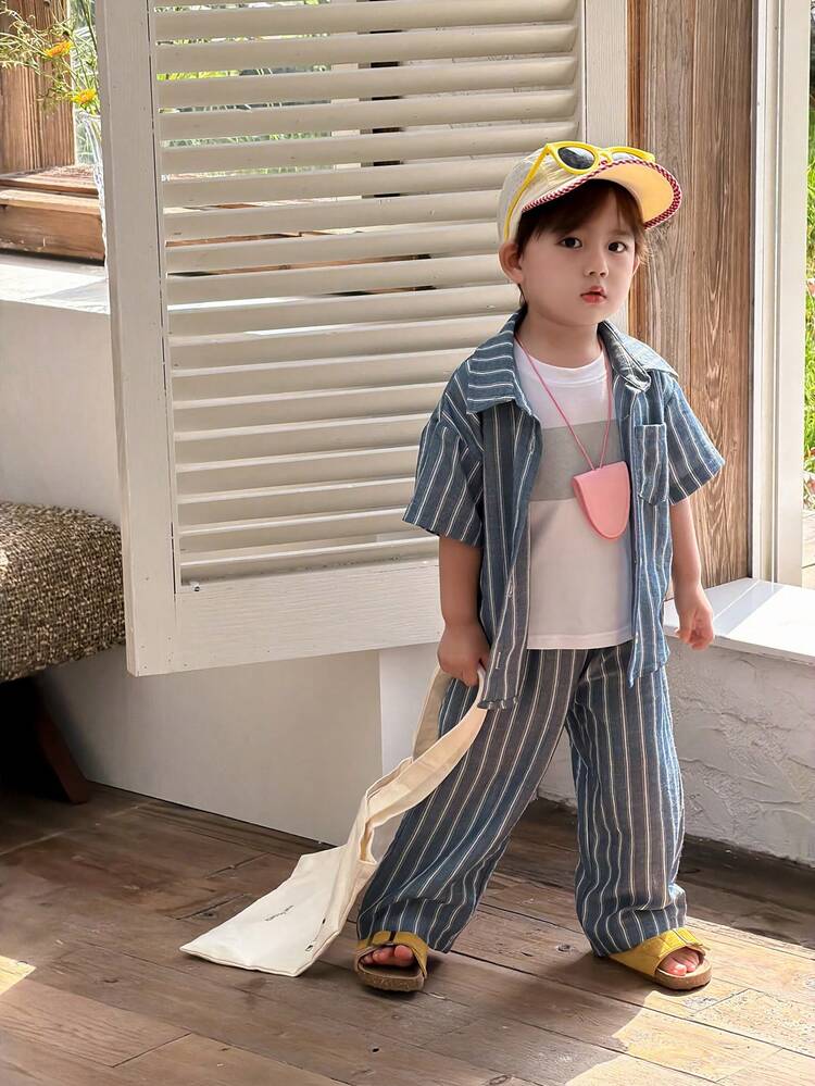 Toddler Boys' Korean Style Striped Collared Shirt And Loose Pants 2 Pieces Set