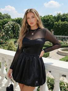 SHEIN ICON Falda de burbuja con parches de malla de talla grande - Negro - Ver 1