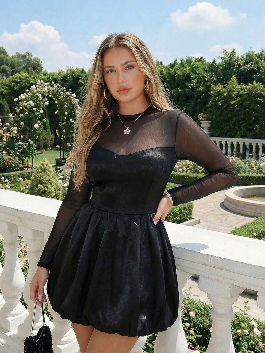 SHEIN ICON Falda de burbuja con parches de malla de talla grande - Negro - Ver 1