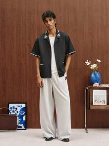 TOKVUE Men's Letter Embroidered Pleated Wide Leg Loose Suit Pants - Light Grey - View 6