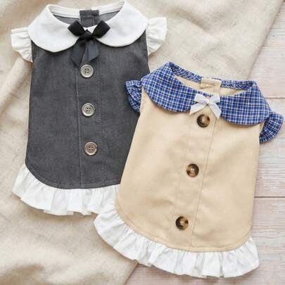 PETSIN 复古法式咖啡馆宠物情侣装，配有格子领结和荷叶边裙，绅士与公主风格，适合小型至中型犬猫