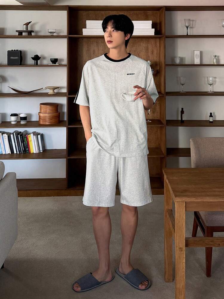 Light Grey & Black Short Sleeve Matching Shorts Men's Pajama Set, Summer