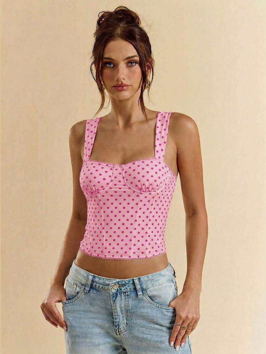 SHEIN BAE Áo hai dây chấm bi đen thanh lịch dành cho nữ, thích hợp cho buổi hẹn hò, tiệc sinh nhật, hộp đêm, tiệc lễ hội, tiệc bạn gái, hẹn hò, mặc hàng ngày, đi làm, áo corset, áo corset dễ thương, áo gợi cảm đi club, áo corset, áo trễ vai, áo mùa hè, áo dễ thương, quần áo mùa hè cho nữ, áo corset. - Hồng - Xem 1