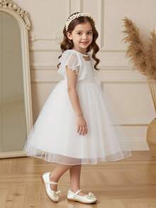 Glamorique Kids Đầm tay ngắn cổ tròn phối ren lưới tương phản thêu hoa mới cho bé gái mùa xuân/hè. - trắng - Xem 1