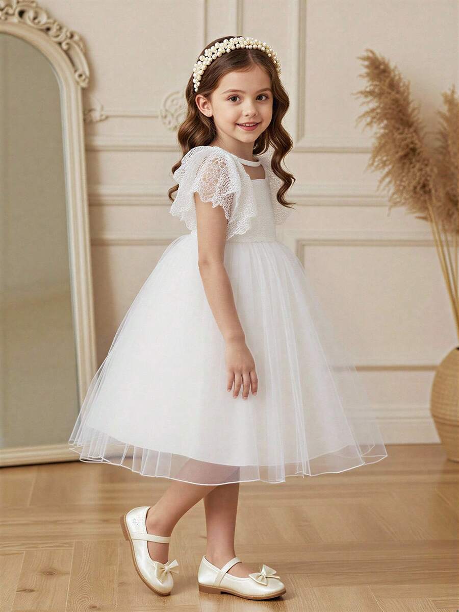 Glamorique Kids Đầm tay ngắn cổ tròn phối ren lưới tương phản thêu hoa mới cho bé gái mùa xuân/hè. - trắng - Xem 1