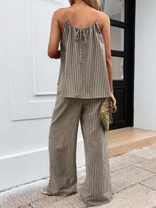 Livesso 女士休闲夏季两件套，宽松条纹吊带背心和阔腿裤 - 卡其色 - 查看 6