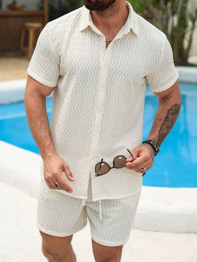 VENTUSAIL Bộ áo sơ mi và quần short nam mùa hè kiểu dáng thường ngày, màu trơn.