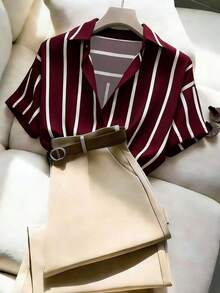 Franclia New Striped Short Sleeve Shirt And Solid Apricot Color Pants 2 Pieces Set For Women, Spring/Summer - Multicolor - View 3