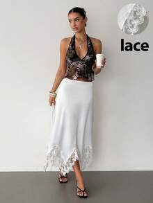 Siren Gaze Chân váy chữ A phối ren và satin mới cho mùa xuân/hè dành cho nữ. - trắng - Xem 5