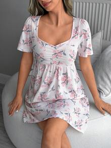 SHEIN Cottnline Ruched Detailed Floral Print Short Casual Relaxed Lounge Dress - Multicolor - View 6