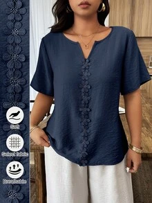 Weeklong Plus Size Women's Spring/Summer Vacation Floral Patchwork Ruffle Trim Loose Short Sleeve Top - Navy Blue - View 1