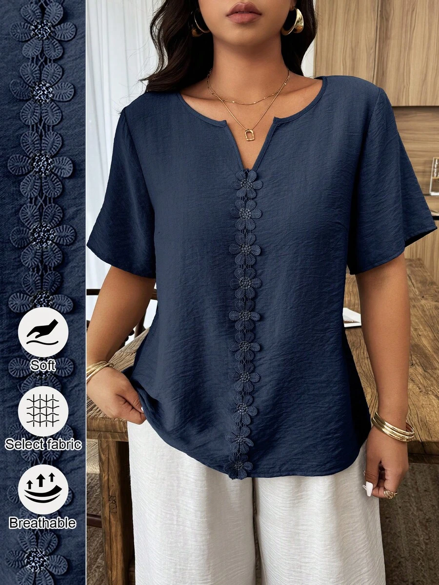 Weeklong Plus Size Women's Spring/Summer Vacation Floral Patchwork Ruffle Trim Loose Short Sleeve Top - Navy Blue - View 1