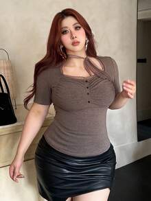 Dazy Plus 大码女式纯色修身系带长袖短款T恤，春秋夏季 - 咖啡棕 - 查看 8