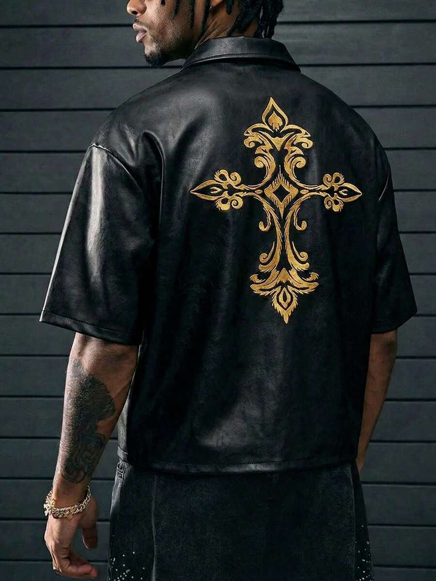 AXEPEAK Men's Cross Print Short Sleeve Casual Shirt - Black - View 1