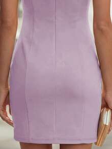 Balvessa V-ringad ärmlös miniklänning med metallspänne och midja för kvinnor - Blåröd - Visa 3