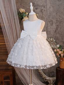 Glamorique Kids 女童白色蕾丝刺绣花朵无袖缎面连衣裙，后背蝴蝶结，儿童生日派对婚礼花童礼服，节日公主裙，白色花朵连衣裙，白色蝴蝶结连衣裙，公主幼儿优雅连衣裙，短款白色花童连衣裙，白色儿童正式连衣裙 - 米色 - 查看 4