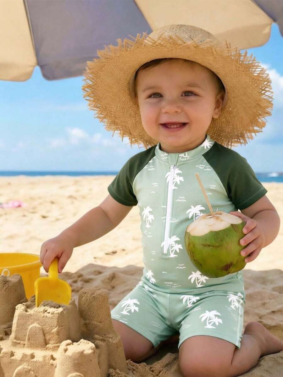 Baby Boys' One-Piece Swimwear, Green Casual Palm Tree Print, Lively And Active, Suitable For Water Play, Vacation, Swimming Pool, Summer Photo Shoot, Gift - Green - View 1